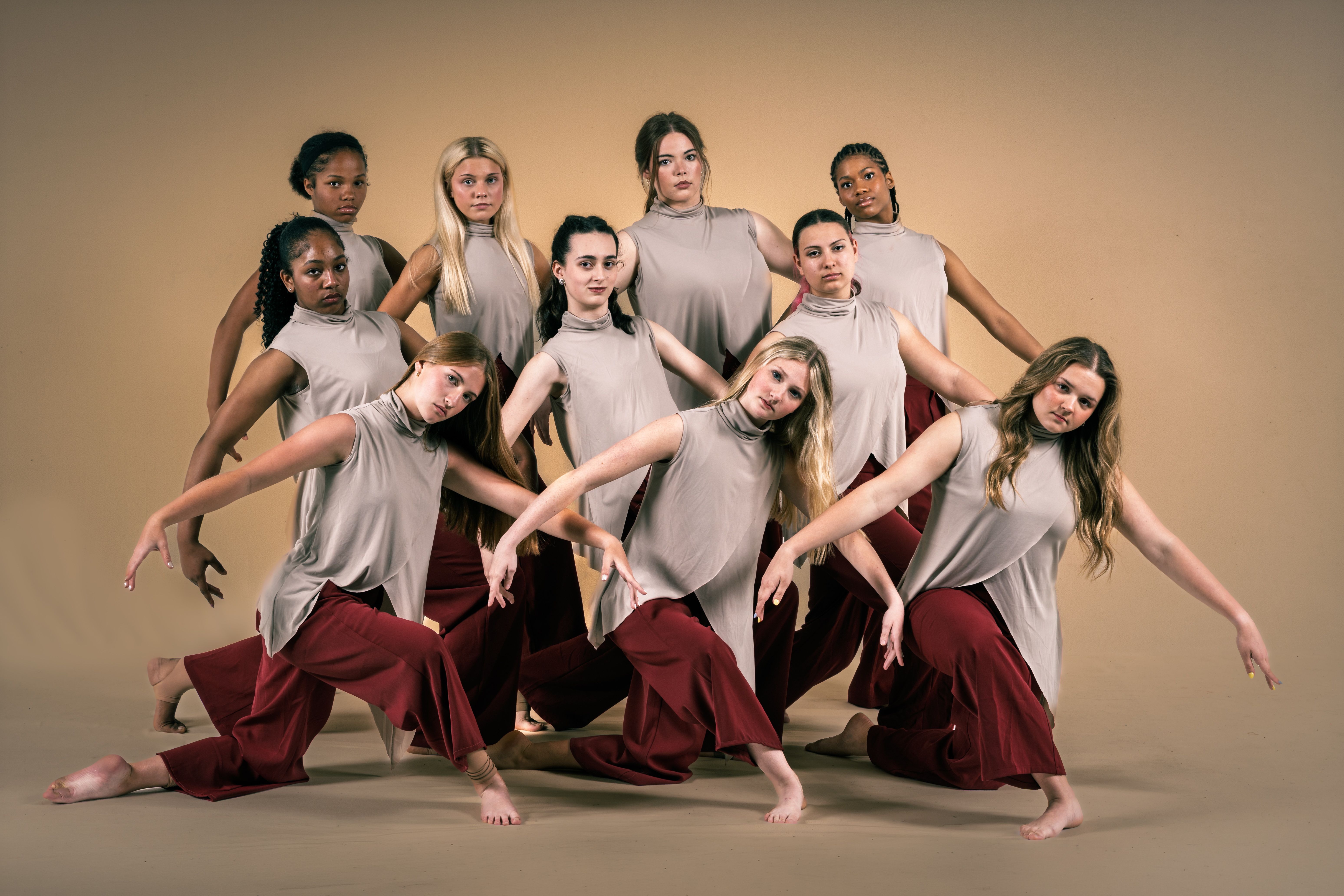 Contemporary ensemble, taupe and burgundy